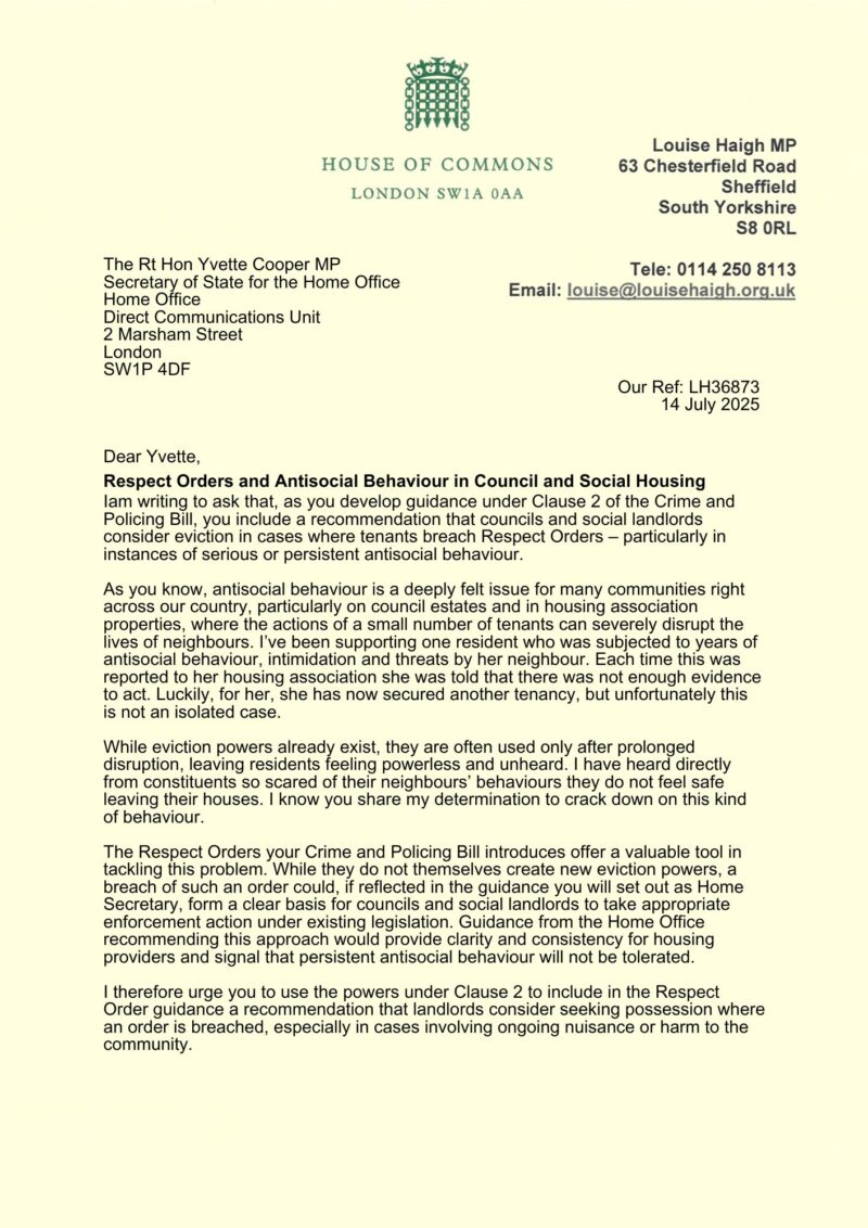 Letter to Home Secretary